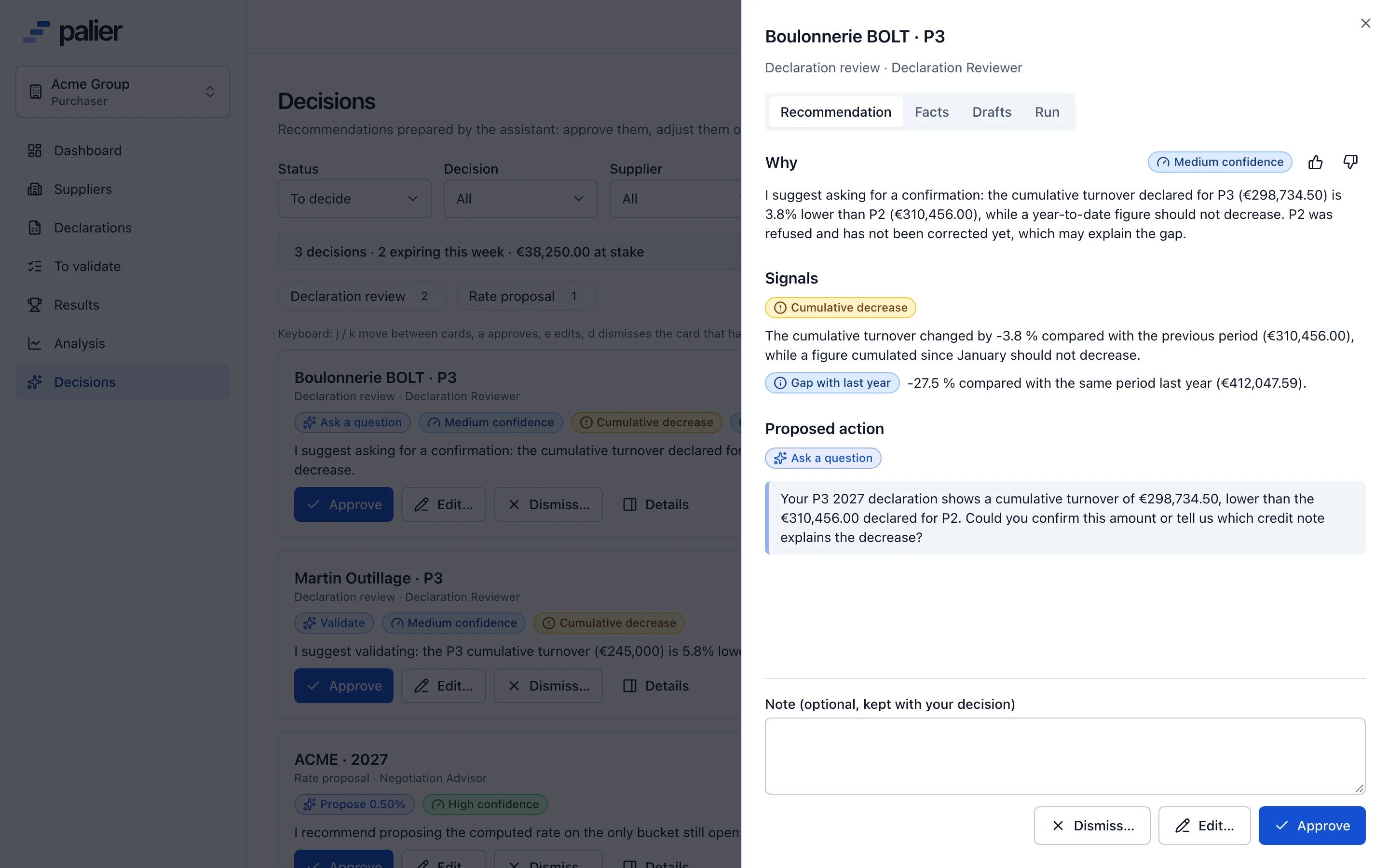 Detail of an AI recommendation: rationale, facts used and draft message