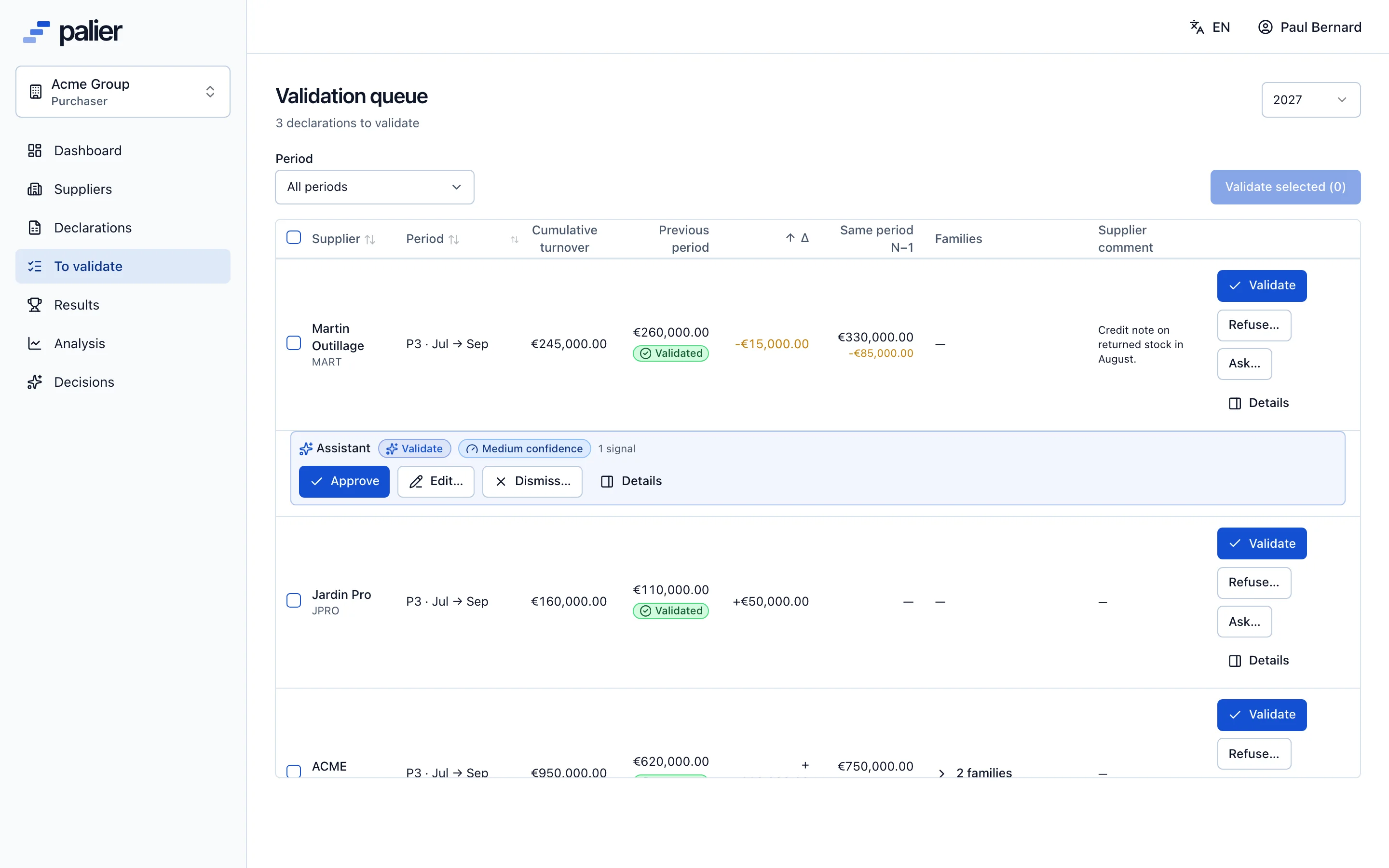 Turnover declaration validation queue, with the AI assistant’s recommendations